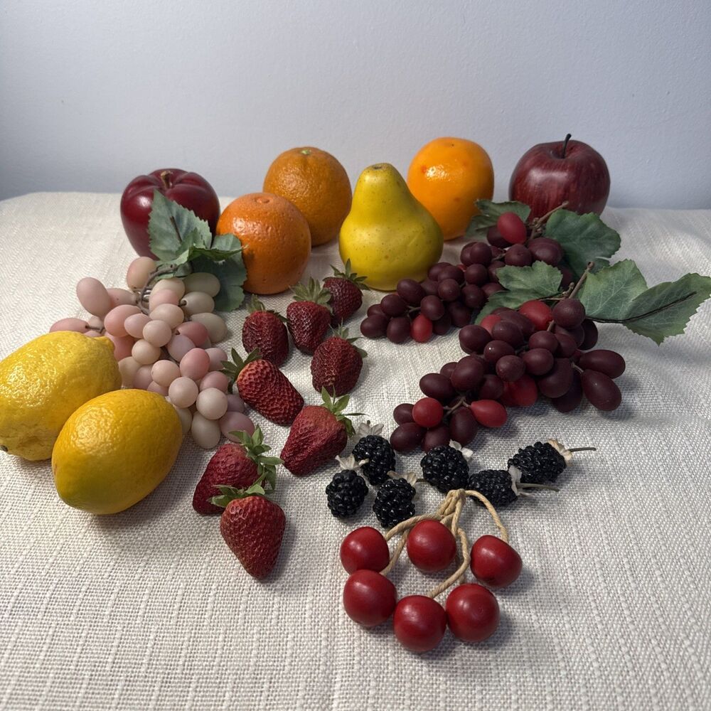 Plastic & Wooden Faux Fruit Cherries Grapes Apples Oranges Lemon Blackberries